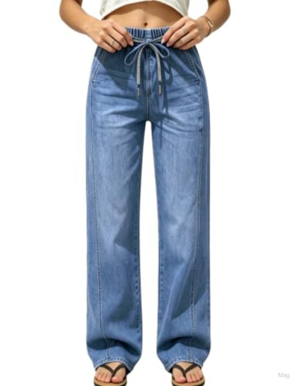 High Waist Wide Leg Jeans with Rhinestone Drawstring Adjustable Fit